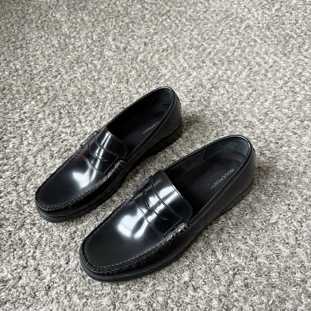 Rockport Classic Black Penny Loafers Mens Size 11.5 W Patent Shiny Leather NEW